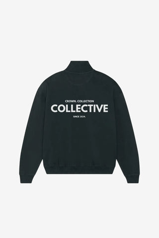 Black quarter zip sweater with 'Collective' text on a white background
