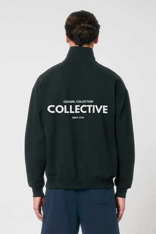 Person wearing a black quarter zip sweater with 'Collective' branding on the back against a white background