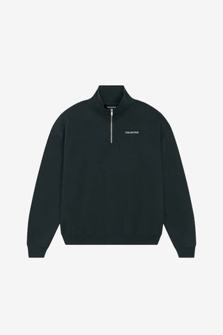 Black quarter zip sweater with a brand logo on a light gray background