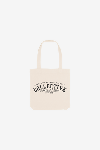 A beige cotton tote bag with black printed text 'COLLECTIVE' on the front.