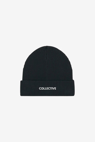Black beanie with 'Collective' logo on a light gray background