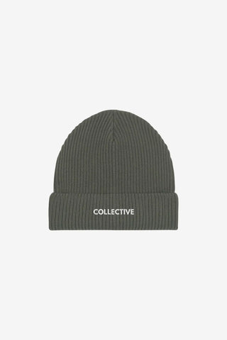 Khaki beanie with 'Collective' logo on a white background