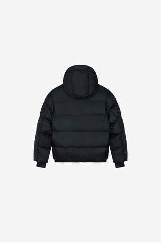 Black puffer jacket on a light gray background