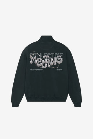 Black quarter zip sweater with white text on a white background