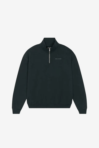 Black quarter-zip sweatshirt on a light gray background