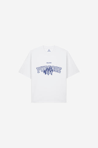 White t-shirt with 'PURPOSE' text on a white background