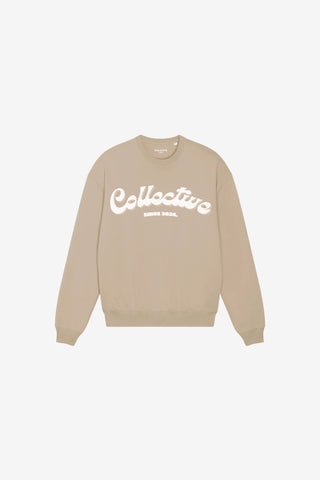 Beige sweatshirt with 'Collective' text on a white background