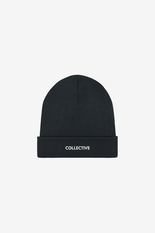 Black beanie with 'Collective' logo on a light gray background