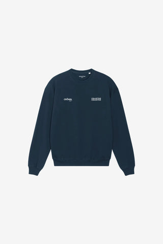 Navy blue sweatshirt with white text on a light gray background