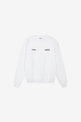 White sweatshirt with black text on a white background