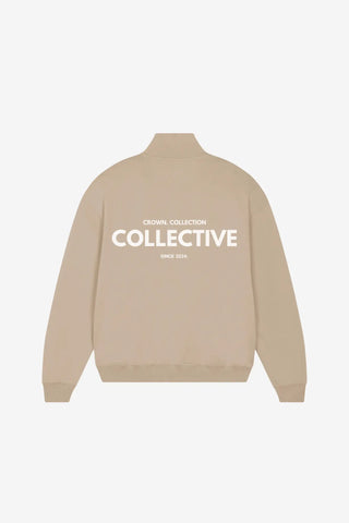 Beige quarter zip sweater with 'Collective' text on a white background