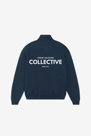 Navy blue quarter zip sweaterwith 'Collective' text on a white background