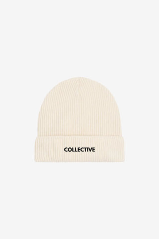 Cream knit beanie with 'Collective' text on a white background