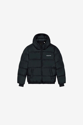 Black puffer jacket with a brand logo on a white background