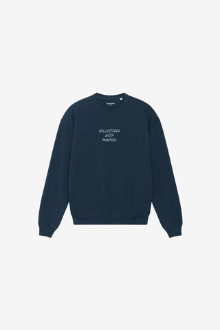 Navy blue sweatshirt with text on a white background