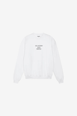 White sweatshirt with text on a white background