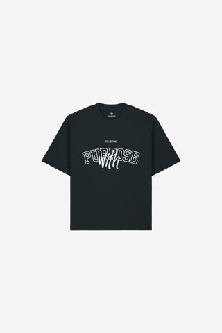 Black t-shirt with white text on a light gray background