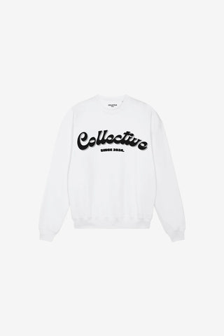 White sweatshirt with 'Collective' text on a white background
